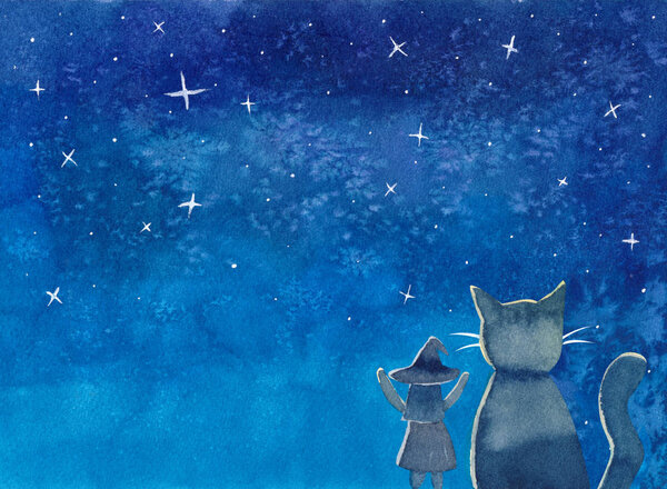 Witch and Cat under Blue Galaxy Night Sky Watercolor. Illustration Background.