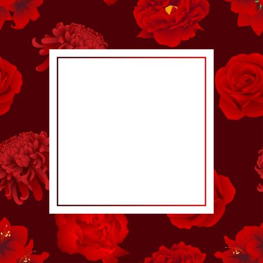 Kırmızı gül, kasımpatı, karanfil, şakayık ve nergis zambağı çiçek afiş kartı vektör çizim.