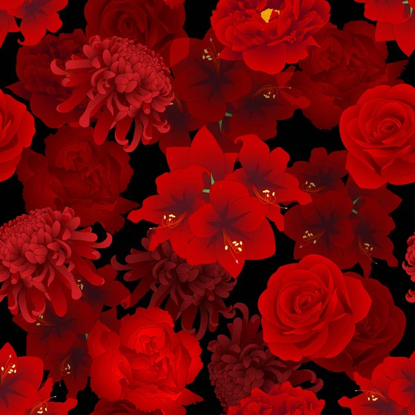 红玫瑰 康乃馨 牡丹和阿玛丽利斯花的背景 无缝矢量图示 — 图库矢量图片