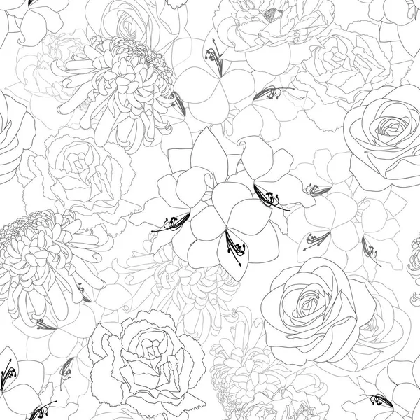 Rose Chrysanthemum Carnation Peony Amaryllis Flower Background Outline Ilustração Vetor —  Vetores de Stock