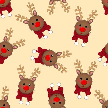 Ren geyiği Fildişi bej renkli arka plan üzerinde kırmızı eşarp ile. Vektör çizim.