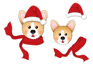 Corgi Santa Claus, Noel Baba şapkası, kırmızı beyaz arka plan üzerinde izole eşarp. Vektör çizim.