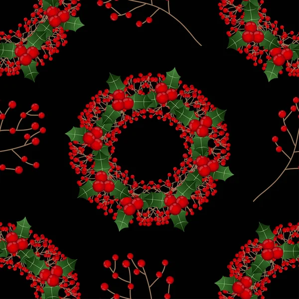 Couronne Noël Aux Baies Rouges Sur Fond Noir Illustration Vectorielle — Image vectorielle