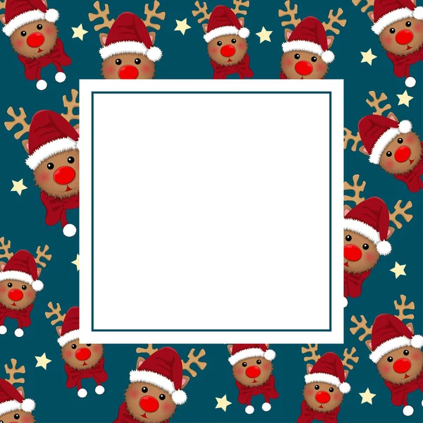 Père Noël Renne Avec Écharpe Rouge Sur Carte Bannière Bleue — Image vectorielle