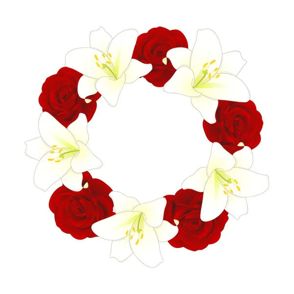Czerwona Róża Biały Kwiat Lilii Boże Narodzenie Wieniec Ilustracja Wektorowa — Wektor stockowy