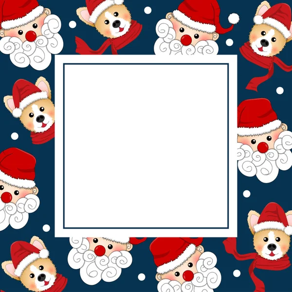 Santa Claus Corgi Con Bufanda Roja Indigo Blue Banner Card — Archivo Imágenes Vectoriales