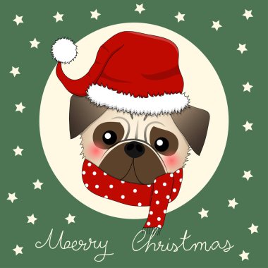 Pug Santa Claus köpekle tebrik kartı vektör çizim yeşil kırmızı eşarp.