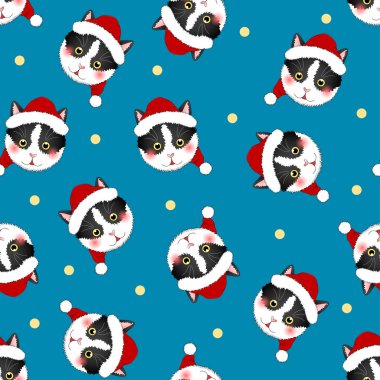 Çivit mavi arka plan üzerinde siyah beyaz kedi Noel Baba. Vektör çizim.