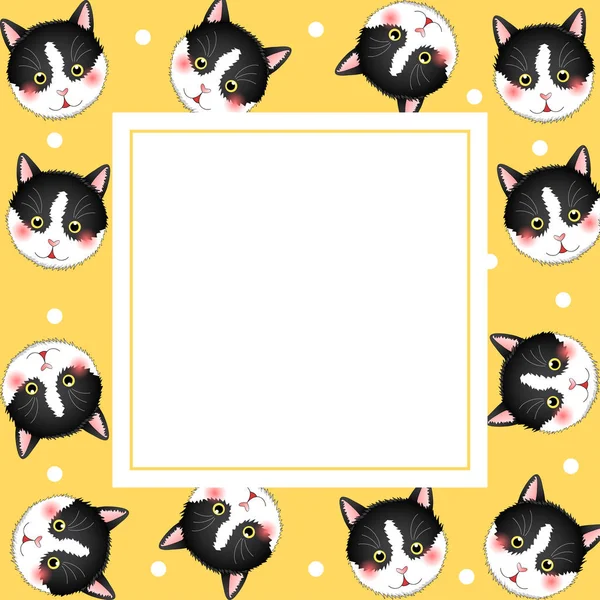 Sarı Banner Kartı Vektör Çizim Üzerinde Siyah Beyaz Kedi — Stok Vektör