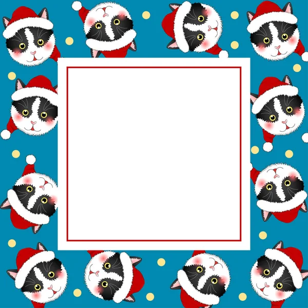 Black White Cat Santa Claus Indigo Blue Banner Card Ilustración — Archivo Imágenes Vectoriales