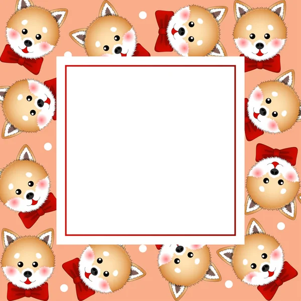 Shiba Inu Dog Con Nastro Rosso Sulla White Polka Dot — Vettoriale Stock
