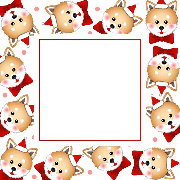Chien Père Noël Shiba Inu Avec Ruban Rouge Sur Carte — Image vectorielle