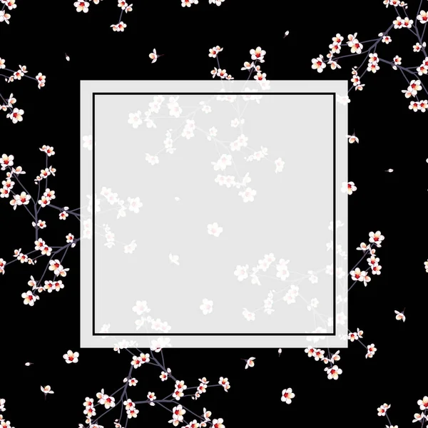 Biały Momo Brzoskwinia Kwiat Banner Czarnym Tle Ilustracja Wektorowa — Wektor stockowy