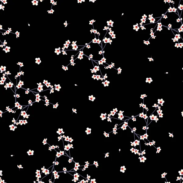 Beyaz Momo Şeftali Çiçek Siyah Arka Planda Dikişsiz Vektör Illustration — Stok Vektör