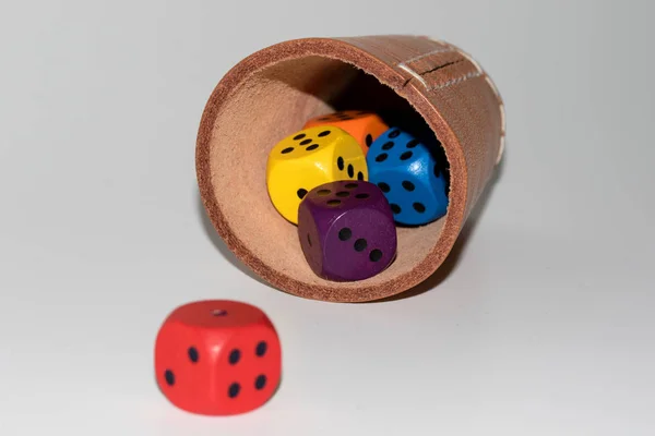 Red Cube Front Some Other Colorful Cubes Focus Lying Leather — Stock Photo, Image