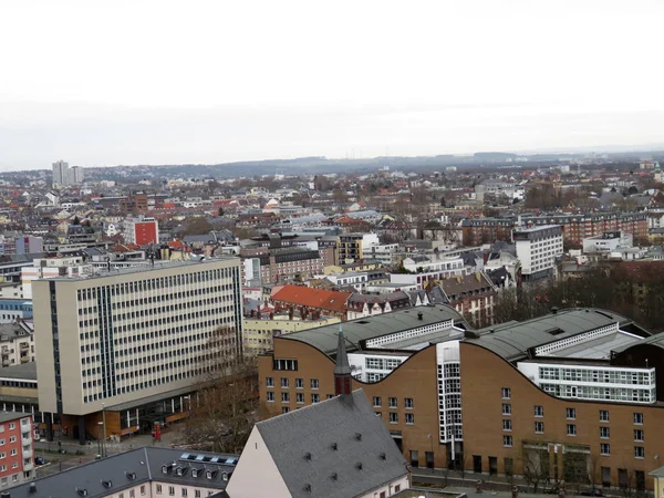 Близкий Взгляд Построенное Здание Франкфурте Майне Германии Сфотографированное Время Обзорной — стоковое фото