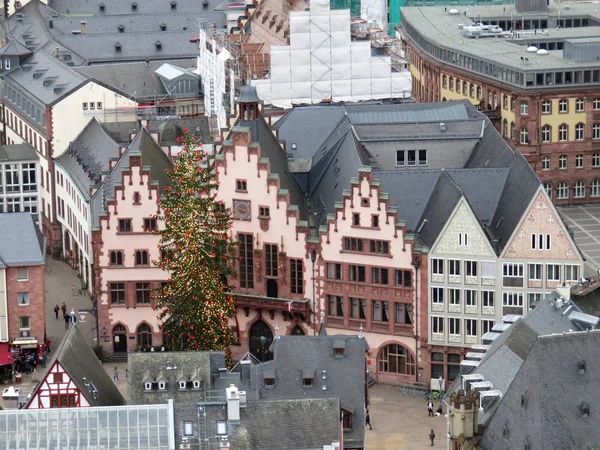 Christmas Tree Front Old Houses Photographed Sightseeing Tour Steeple Frankfurt — Stock Photo, Image