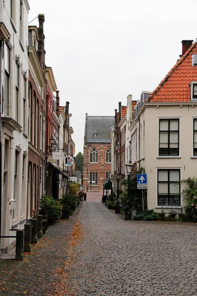 Переглянути Пішохідної Доріжки Між Рядами Будинку Лейдені Південна Голландія Нідерланди — стокове фото