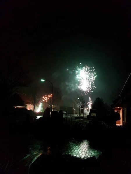 Impressionen Vom Bunten Silvesterfeuerwerk 2018 Niederlangen Emsland Mitternacht Mit Dem — Stockfoto