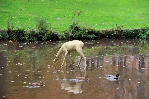 View  on the deer statue standing in the lake in the park in wiesbaden hessen germany photographed during the sightseeing tour in summer in multi colored