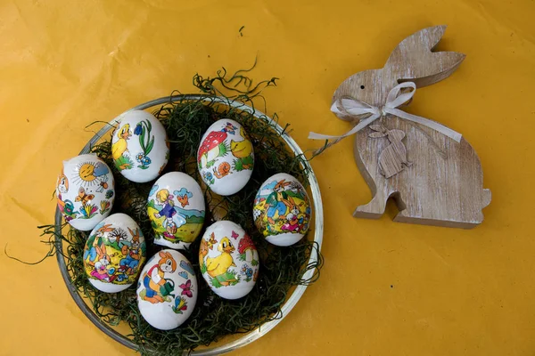 Top View Easter Eggs Wooden Easter Bunny Copy Space Photographed — Stock Photo, Image