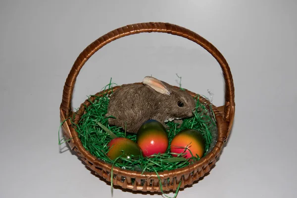 Widok Małą Porcelanę Wielkanocny Króliczka Kolorowe Jajka Wielkanocne Zielonej Trawie — Zdjęcie stockowe