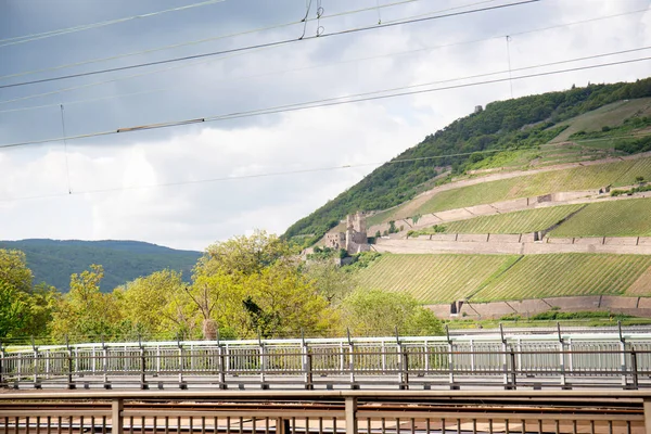 曇りの日に観光ツアーで撮影されたヘッセンドイツの鉄道と丘の近景 — ストック写真