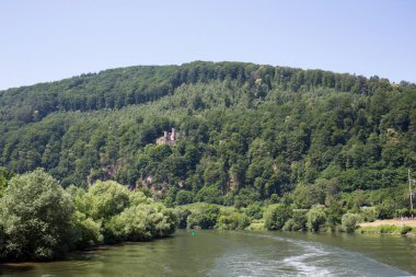 almanya'da neckar üzerinde gemi ile bir tur sırasında fotoğraflanan neckar nehri boyunca doğal manzara görünümü