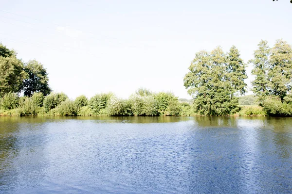 Vista Distante Ems Rio Margem Rio Beplantada Emsland Lathen Alemanha — Fotografia de Stock