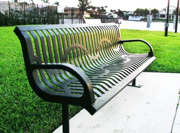 Metal park bankında lakefront yakınındaki genel bir park