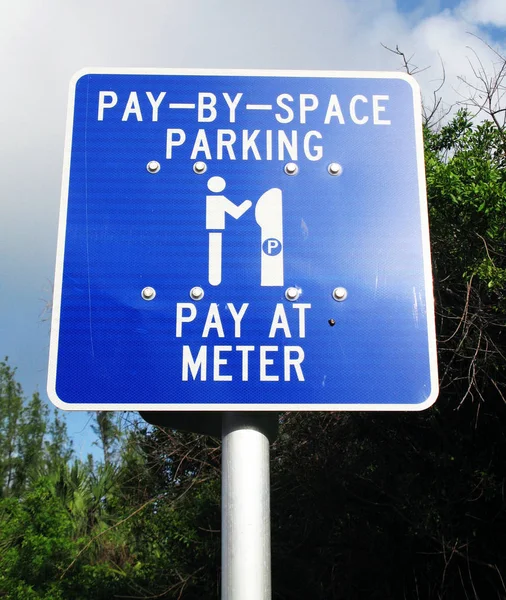 Pay Space Parcheggio Pat Meter Blu Bianco Metallo Segno — Foto Stock