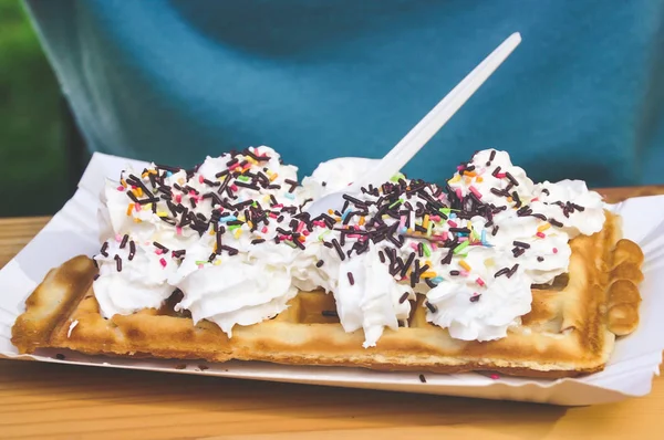 Delicious Waffle Whipped Cream Colorful Sugar Sweet Sprinkles Plastic Spoon — Stock Photo, Image