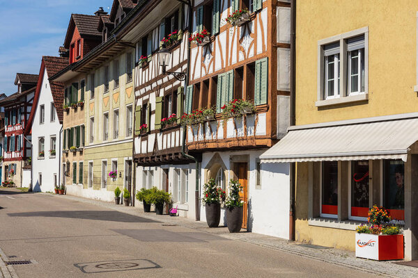 Bremgarten, Switzerland - June 16, 2018: buildings of the historic part of the town. Bremgarten is a municipality in the Swiss canton of Aargau, its medieval old town is listed as a heritage site of national significance.