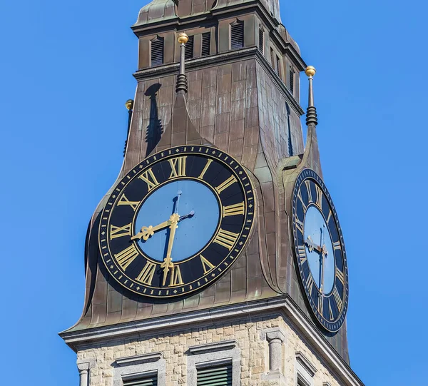 Gedeeltelijk Uitzicht Toren Van Kerk Van Jakob Stad Zürich Zwitserland — Stockfoto