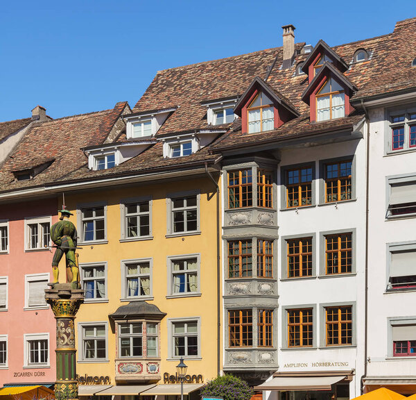 Schaffhausen, Switzerland - August 26, 2015: buildings in the historic part of the city of Schaffhausen. Schaffhausen is a city in northern Switzerland and the capital of the canton of the same name.