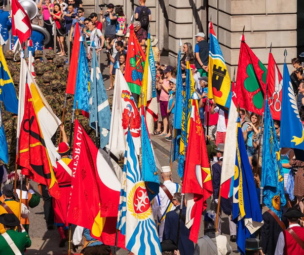 Zurique Suíça Agosto 2018 Participantes Desfile Dedicado Dia Nacional Suíço — Fotografia de Stock