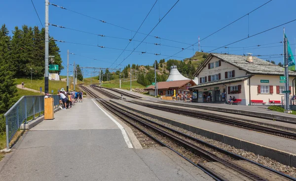 Mt. Rigi, İsviçre - 19 Temmuz 2018: Rigi Staffel Tren İstasyonu Mt. Rigi, bu insanlara. Rigi popüler bir turizm, normal hat raf demiryolu Rigi Bahnen Ag şirket tarafından işletilen tarafından erişilebilir olduğunu.