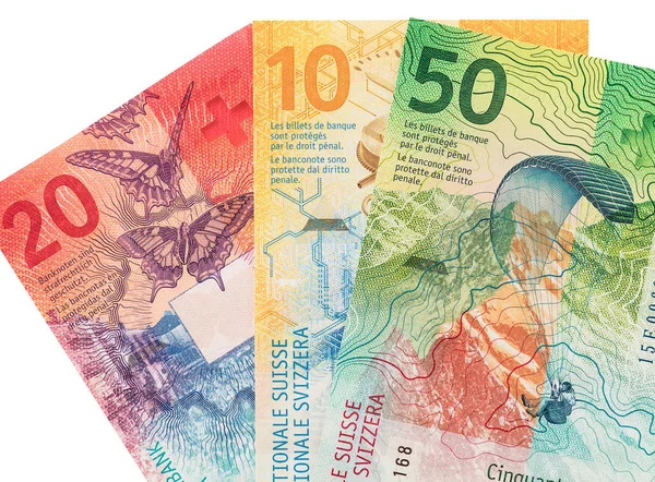 Overlappende Bankbiljetten Van Zwitserse Franken Witte Achtergrond — Stockfoto