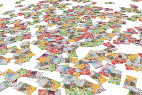 渲染计算机生成的模拟 显示10 20和50瑞士法郎的钞票在白色背景下 — 图库照片