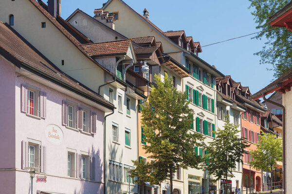 Bremgarten, Switzerland - June 16, 2018: buildings of the historic part of the town of Bremgarten. Bremgarten is a town the Swiss canton of Aargau, it is known for its well-preserved old town.