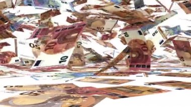 bir bilgisayarın 3D render animasyon çok sayıda sanal bir yere düşme 10, 20 ve 50 Euro banknot gösterilen oluşturulan. Alfa mat tarafından takip, beyaz arka plan üzerinde.