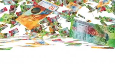 bir bilgisayarın 3D render animasyon çok sayıda 10, 20 ve 50 İsviçre Frankı sanal bir zemine düşen banknot gösterilen oluşturulan. Alfa mat tarafından takip, beyaz arka plan üzerinde.