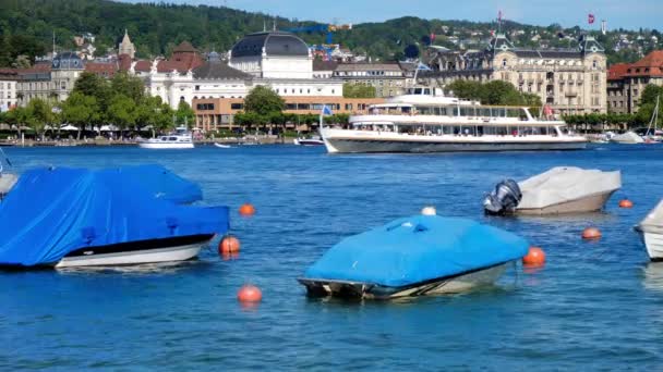 Zürich Schweiz Juni 2019 Boote Auf Dem Zürichsee Helvetienschiff Der — Stockvideo