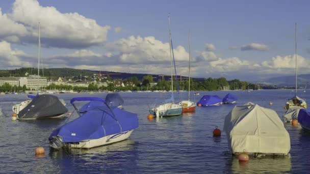 瑞士苏黎世 Zurich Switzerland 2019年6月16日 日落时在苏黎世湖上的船只 苏黎世市的建筑物和背面的阿尔卑斯山峰顶 苏黎世湖 Lake Zurich 是瑞士的一个湖泊 — 图库视频影像