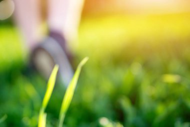 adam çim yakın çekim bulanıklık içinde yürür