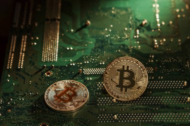 Çip altın gümüş Bitcoin. Yeşil bir arka plan üzerinde. Crypt emanet. Sanal para. Madencilik. Güvenlik.