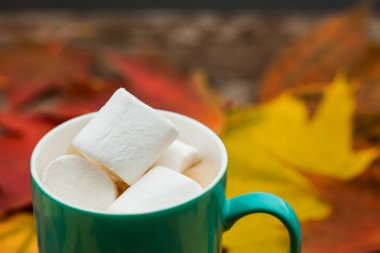 Arka plan eski koyu ahşap plakalar üzerinde kahve fincan kapuçino ve Marshmallow sonbahar yaprakları.