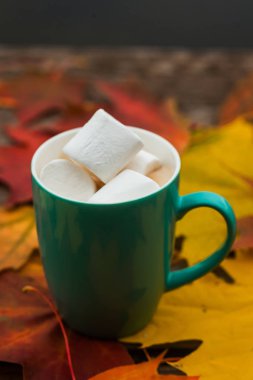 Arka plan eski koyu ahşap plakalar üzerinde kahve fincan kapuçino ve Marshmallow sonbahar yaprakları.