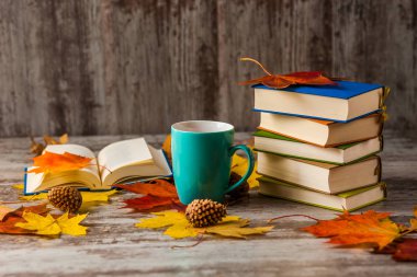 Sonbahar. Açık bir kitap. Çay, kahve, kakao. Sarı kırmızı yapraklar. Ahşap arka plan