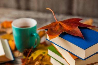 Sonbahar. Kitap. Bir fincan çay. Sarı kırmızı yapraklar. Ahşap arka plan